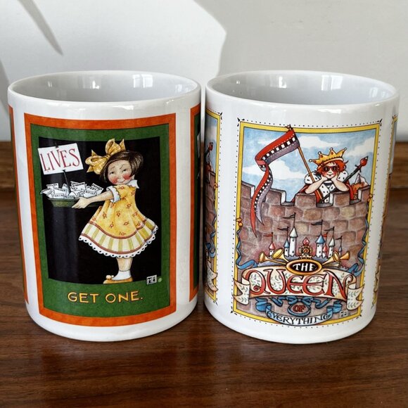 2 Mary Engelbreit Mugs "Queen of Everything" & "Lives Get One" Checkered Handles - Picture 9 of 15